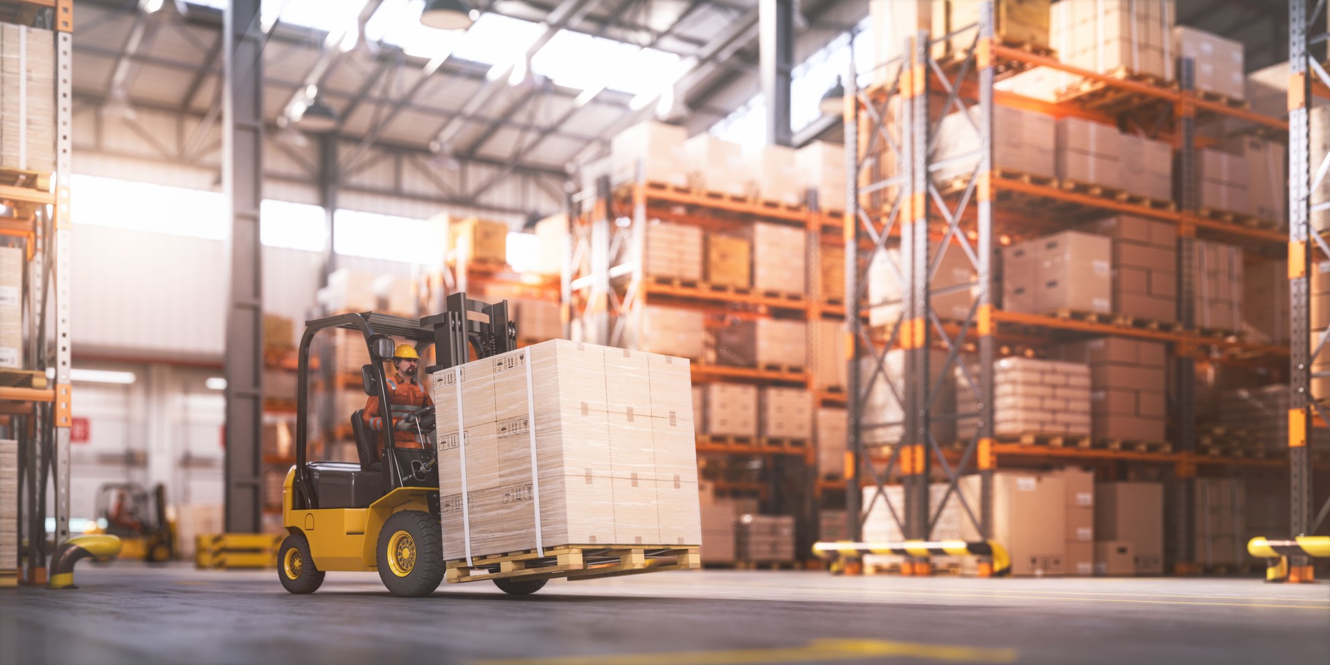 Retail warehouse full of shelves with cardboard boxes and packages. Logistics, storage, and delivery industrial background.
